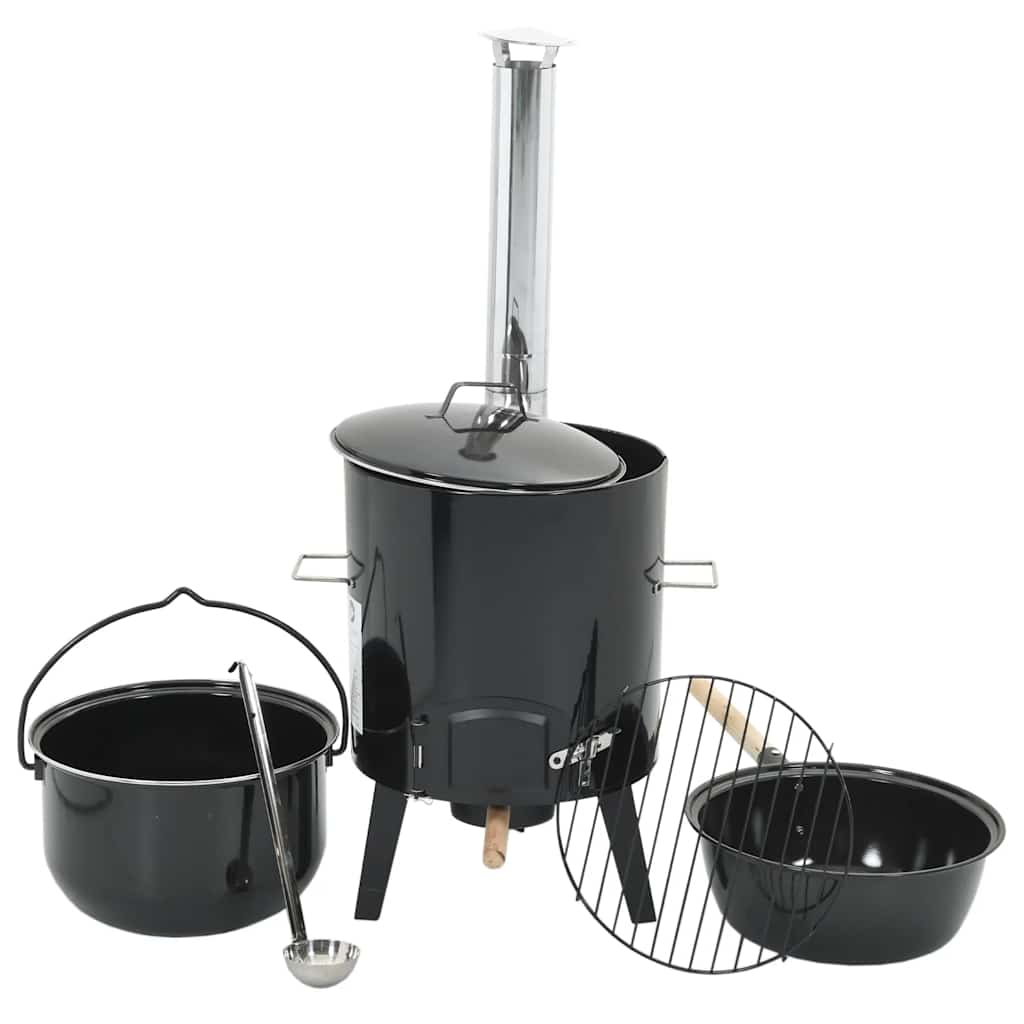 Stove with goulash pot, chimney and lid, black, enameled steel