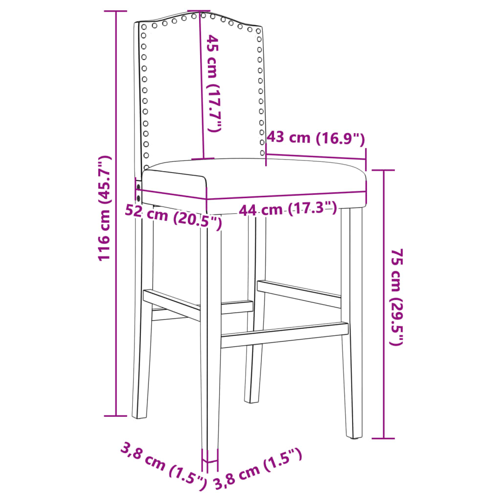 Bar stools, 2 pcs., solid rubber wood and fabric