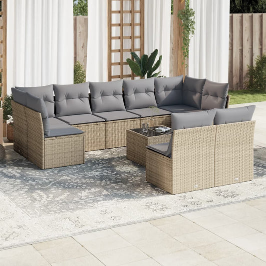 Garden sofa set with cushions, 10 pieces, beige, polyrattan