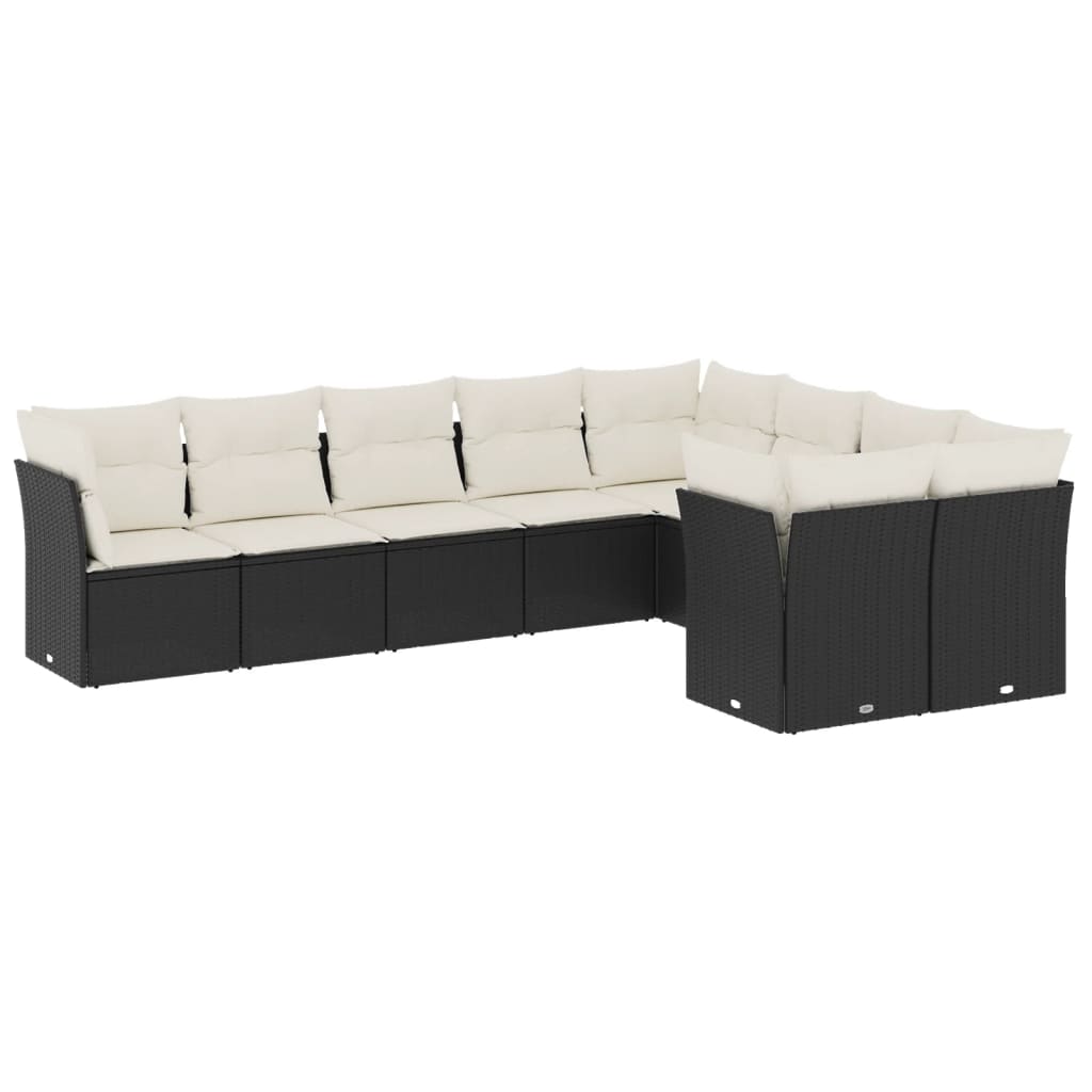 Set mobilier de grădină cu perne, 9 piese, negru, poliratan