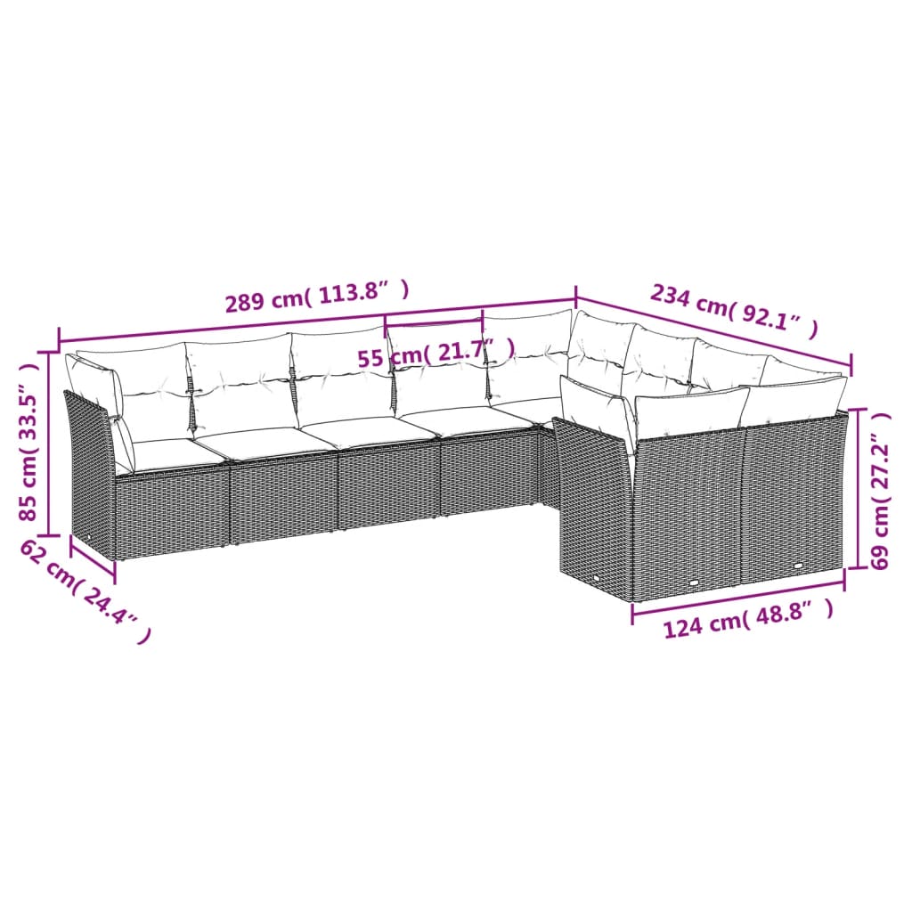 Set mobilier de grădină cu perne, 9 piese, negru, poliratan