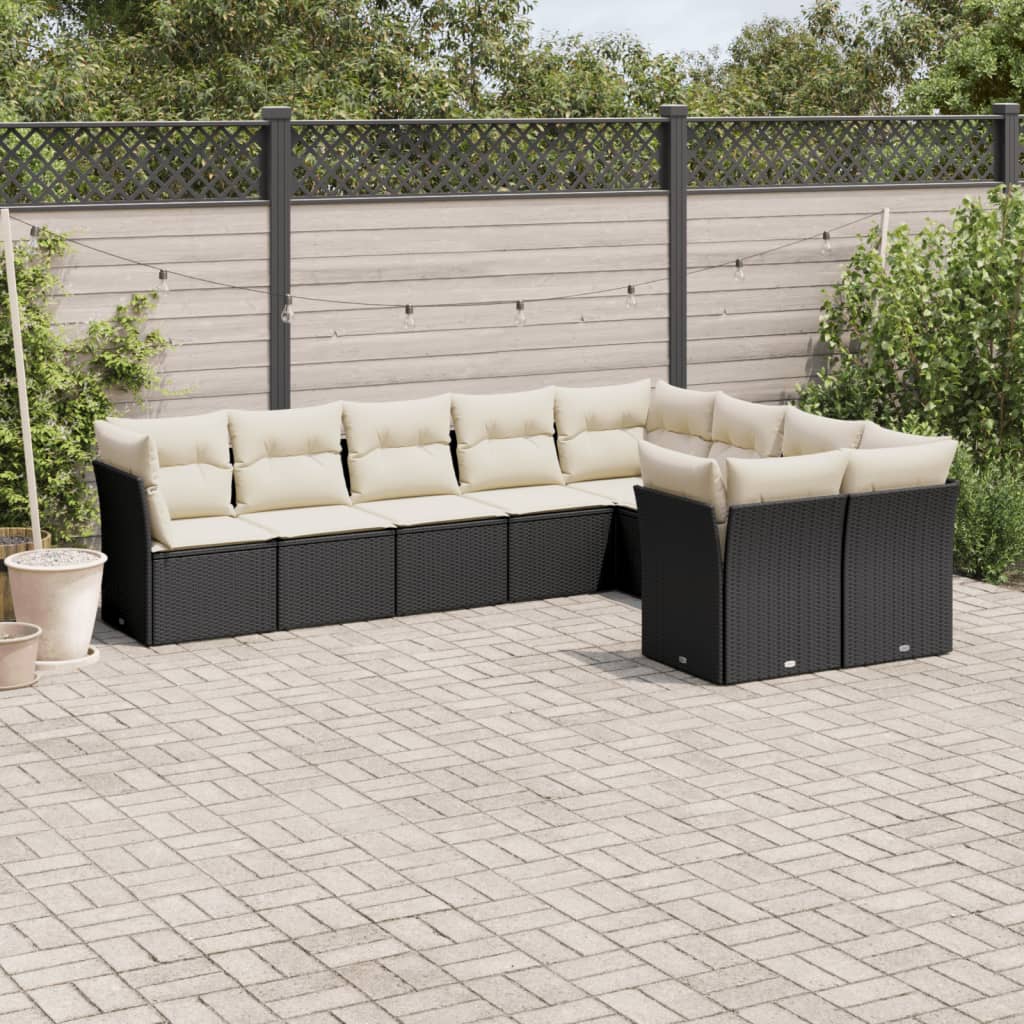 Garden furniture set with cushions, 9 pieces, black, polyrattan