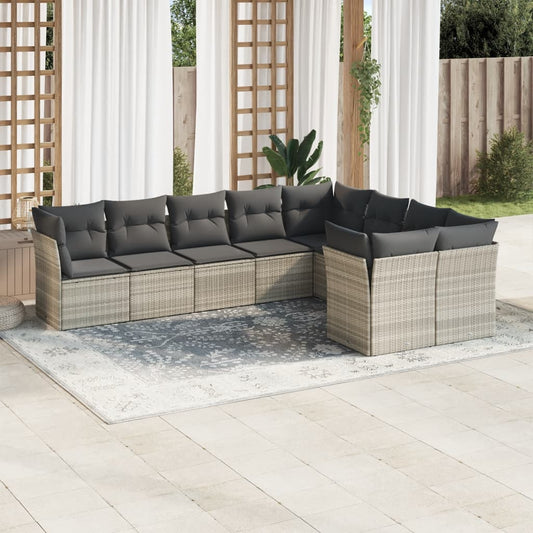 Garden sofa set with cushions, 9 pieces, light grey polyrattan