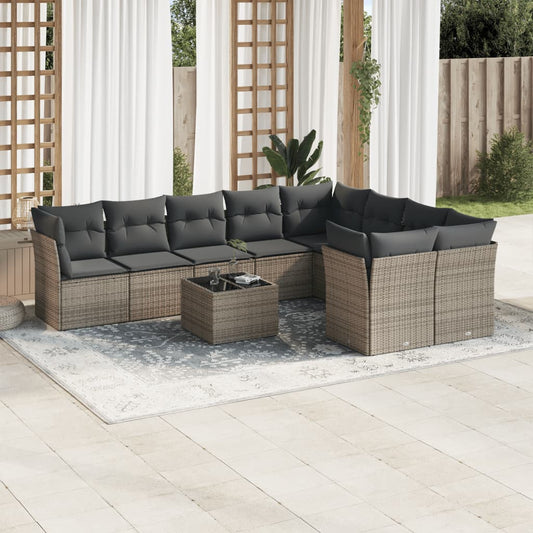 Garden furniture set with cushions, 10 pieces, grey, polyrattan