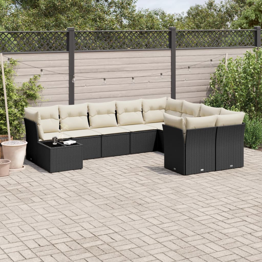 Garden sofa set with cushions, 10 pieces, black, polyrattan