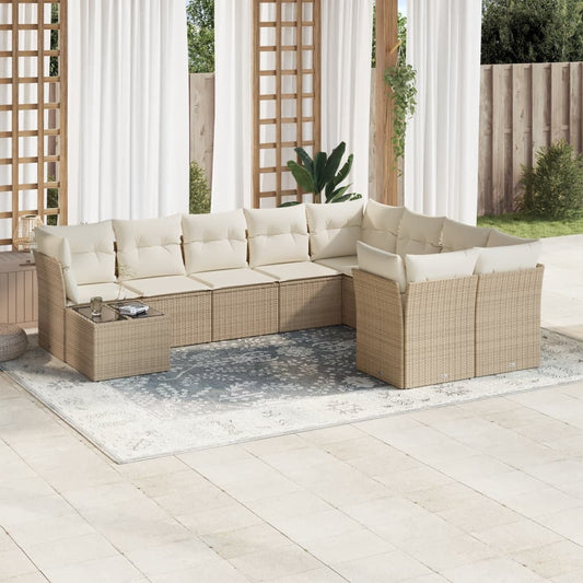 Garden sofa set with cushions, 10 pieces, beige, polyrattan