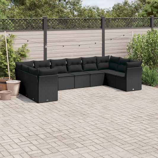 Garden sofa set with cushions, 10 pieces, black, polyrattan