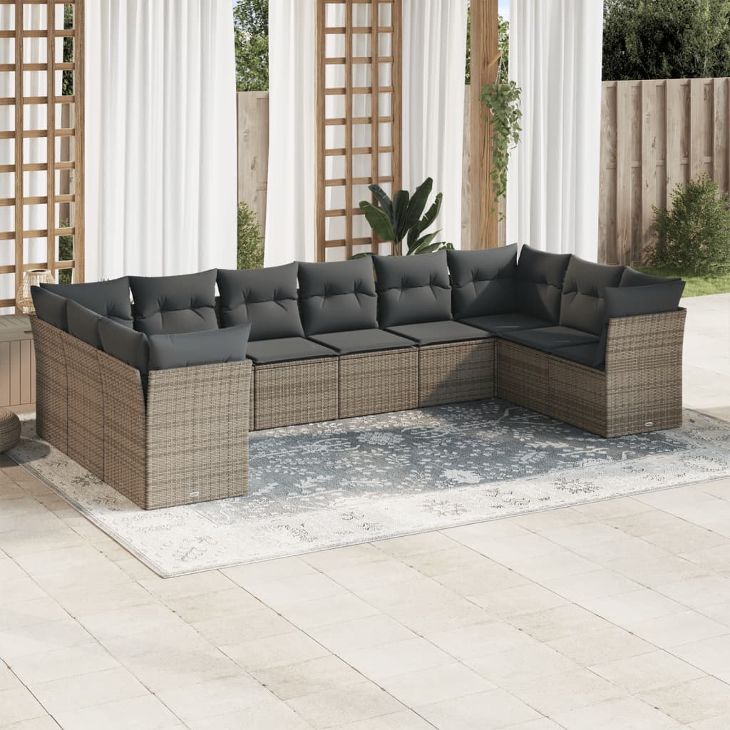 Garden furniture set with cushions, 10 pieces, grey, polyrattan