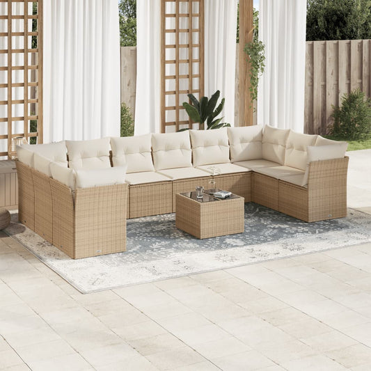 Garden sofa set with cushions, 11 pieces, beige, polyrattan