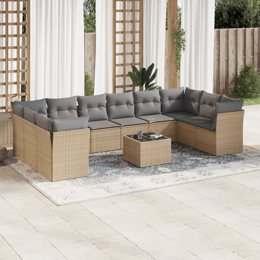 Garden sofa set with cushions, 11 pieces, beige, polyrattan