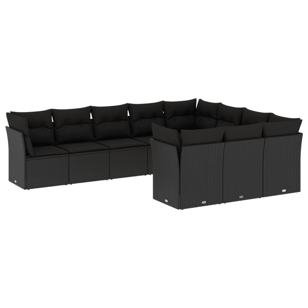 Garden sofa set with cushions, 10 pieces, black, polyrattan