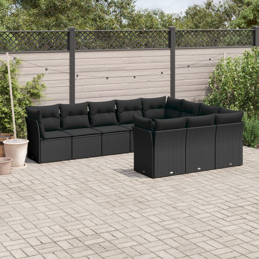 Garden sofa set with cushions, 10 pieces, black, polyrattan