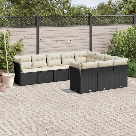 Garden sofa set with cushions, 10 pieces, black, polyrattan