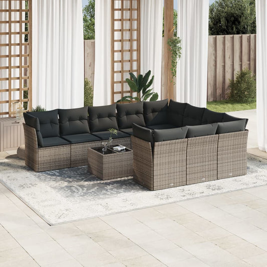 Garden sofa set with cushions, 11 pieces, grey, poly rattan