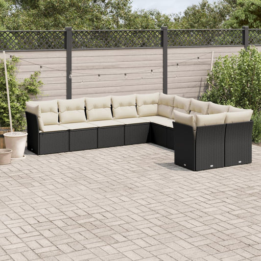 Garden sofa set with cushions, 10 pieces, black, polyrattan