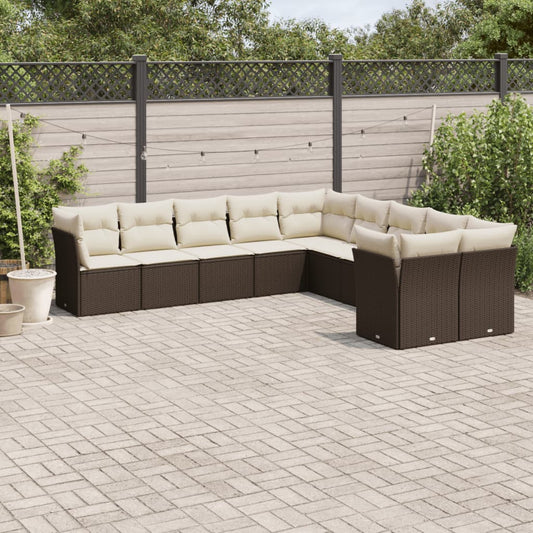 Garden sofa set with cushions, 10 pieces, brown, polyrattan