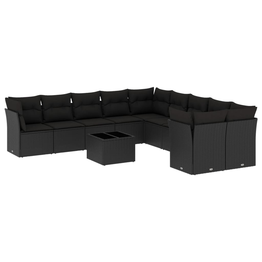 Garden sofa set with cushions, 11 pieces, black, polyrattan