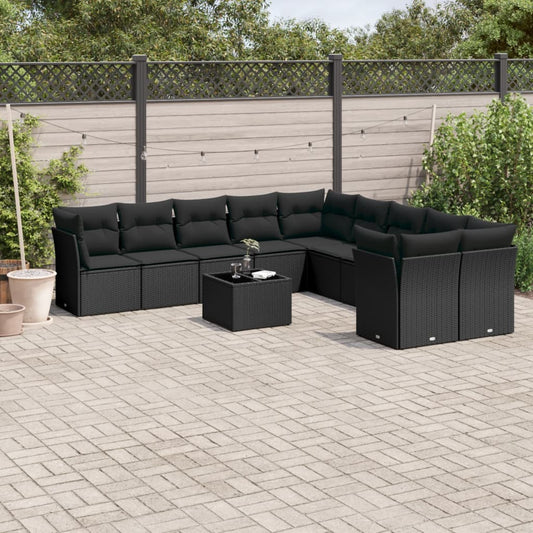 Garden sofa set with cushions, 11 pieces, black, polyrattan