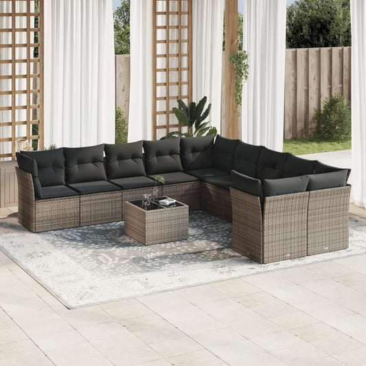 Garden sofa set with cushions, 11 pieces, grey, poly rattan