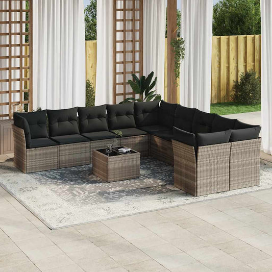 Garden sofa set with cushions, 11 pieces, grey, poly rattan