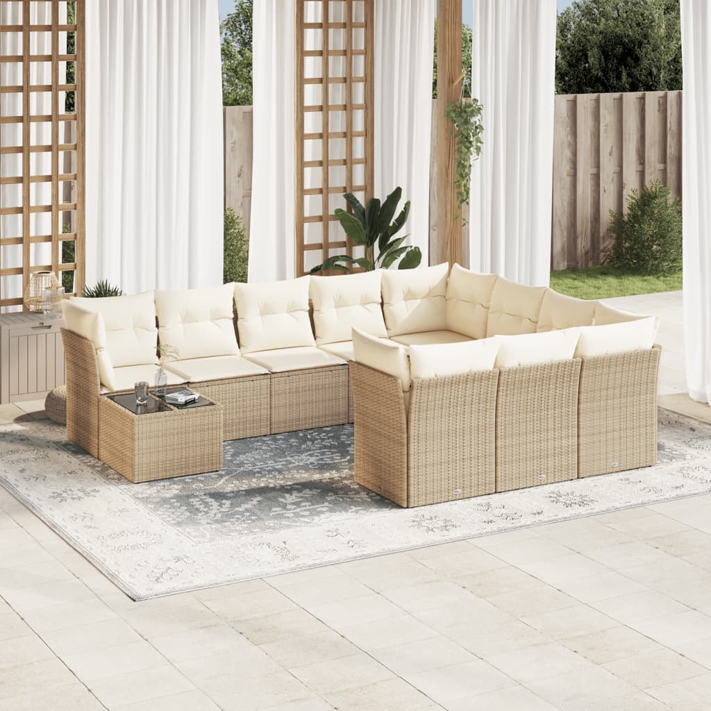 Garden sofa set with cushions, 11 pieces, beige, polyrattan