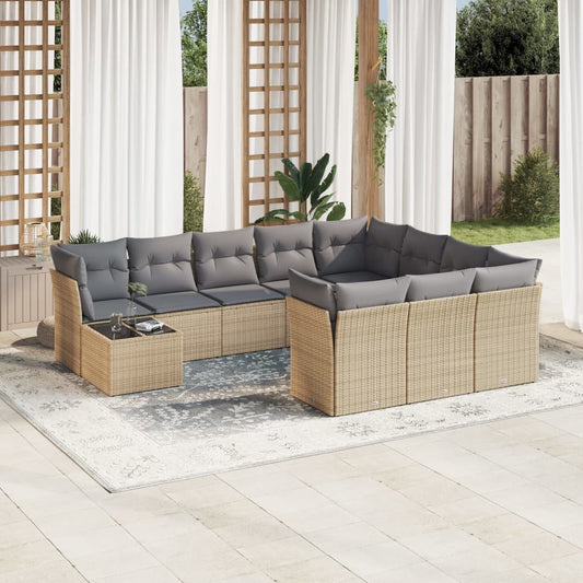 Garden sofa set with cushions, 11 pieces, beige, polyrattan