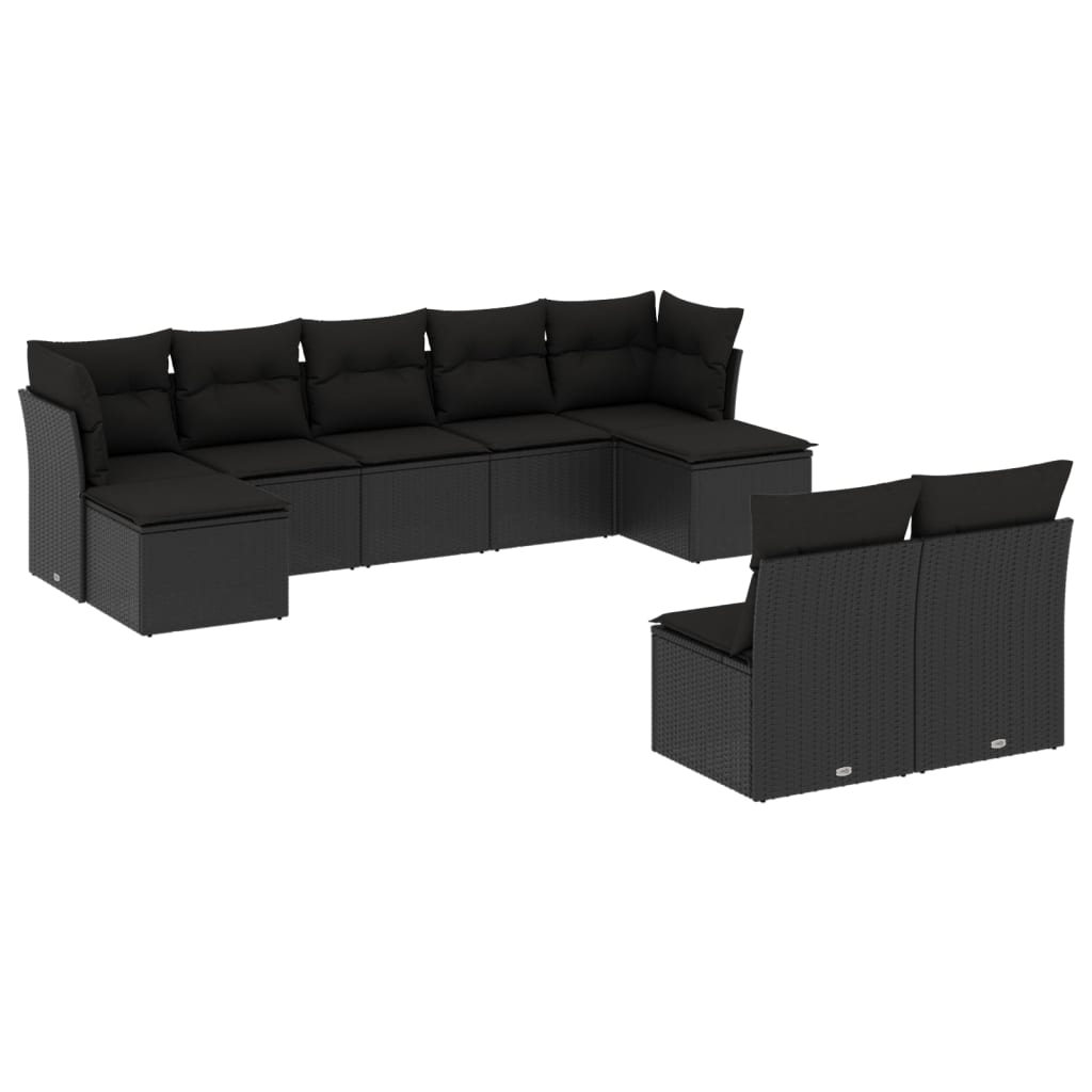 Garden furniture set with cushions, 9 pieces, black, polyrattan