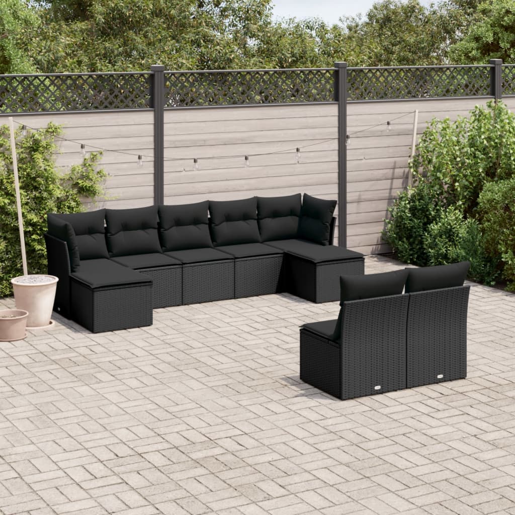 Garden furniture set with cushions, 9 pieces, black, polyrattan