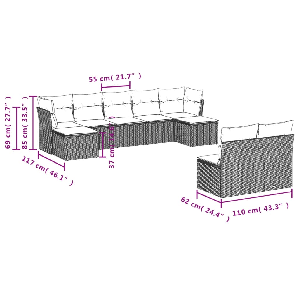 Set mobilier de grădină cu perne, 9 piese, negru, poliratan