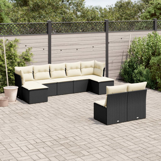 Garden furniture set with cushions, 9 pieces, black, polyrattan