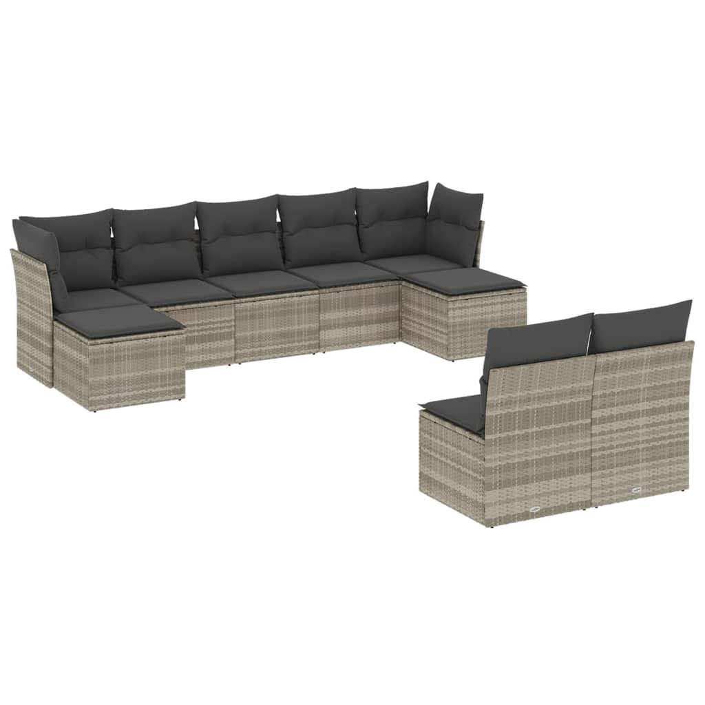 Garden sofa set with cushions, 9 pieces, light grey polyrattan