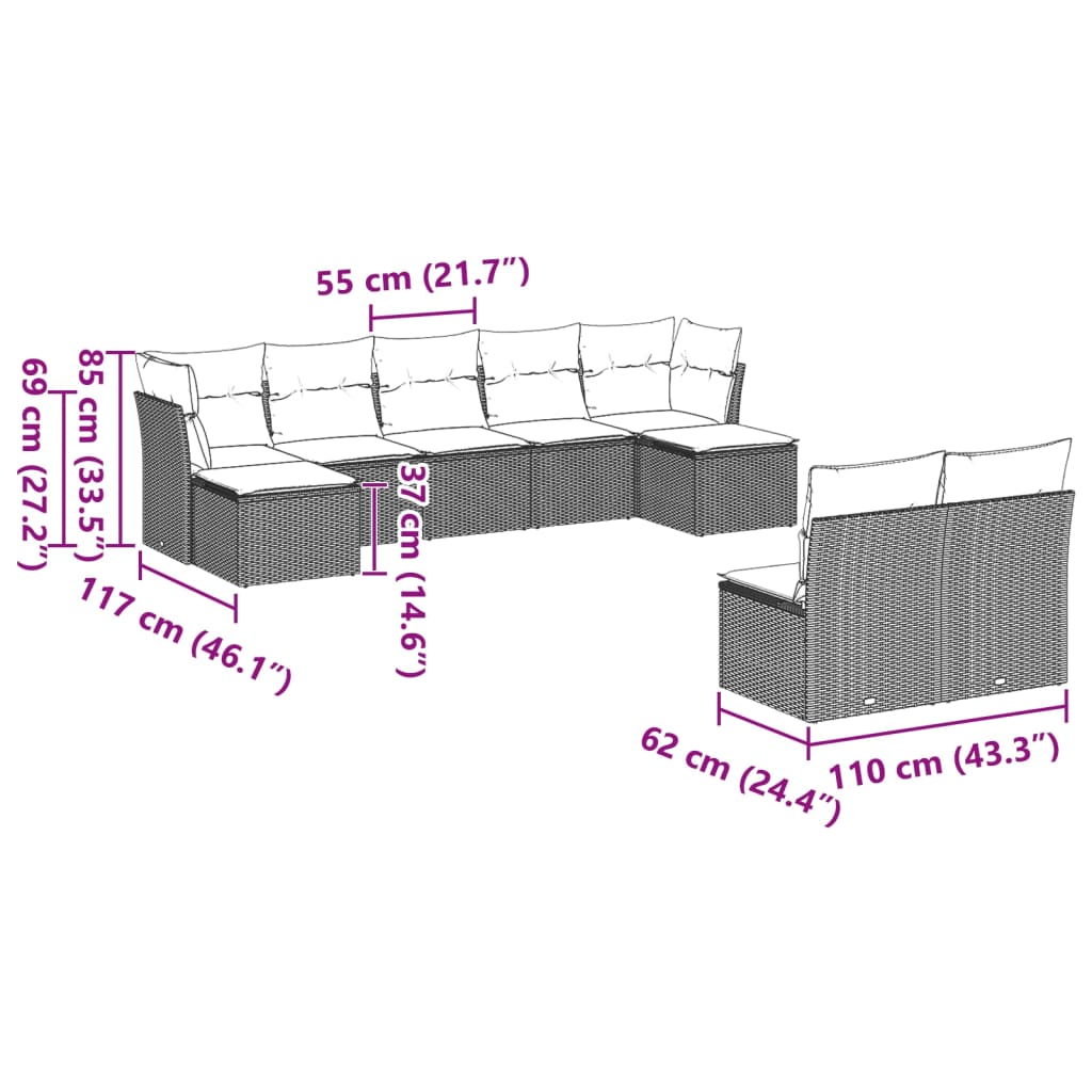 Garden sofa set with cushions, 9 pieces, light grey polyrattan