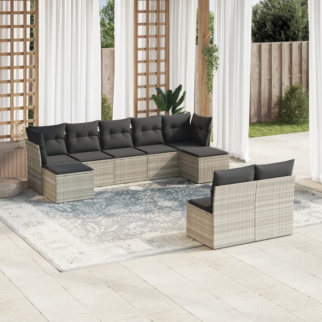 Garden sofa set with cushions, 9 pieces, light grey polyrattan