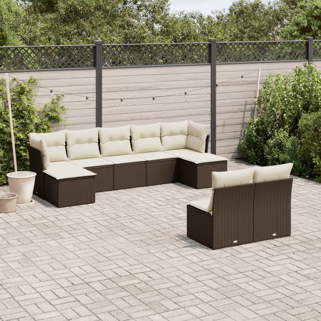 Garden sofa set with cushions, 9 pieces, brown, polyrattan