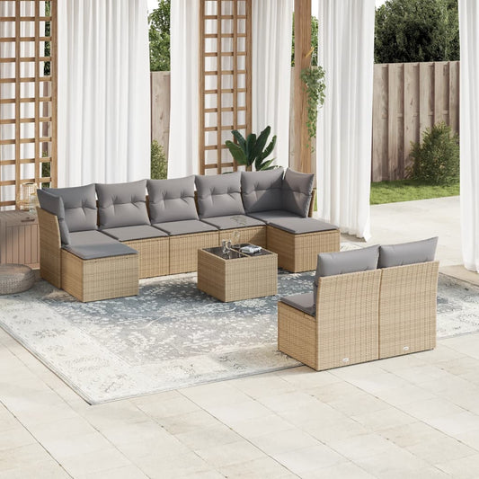 Garden sofa set with cushions, 10 pieces, beige, polyrattan