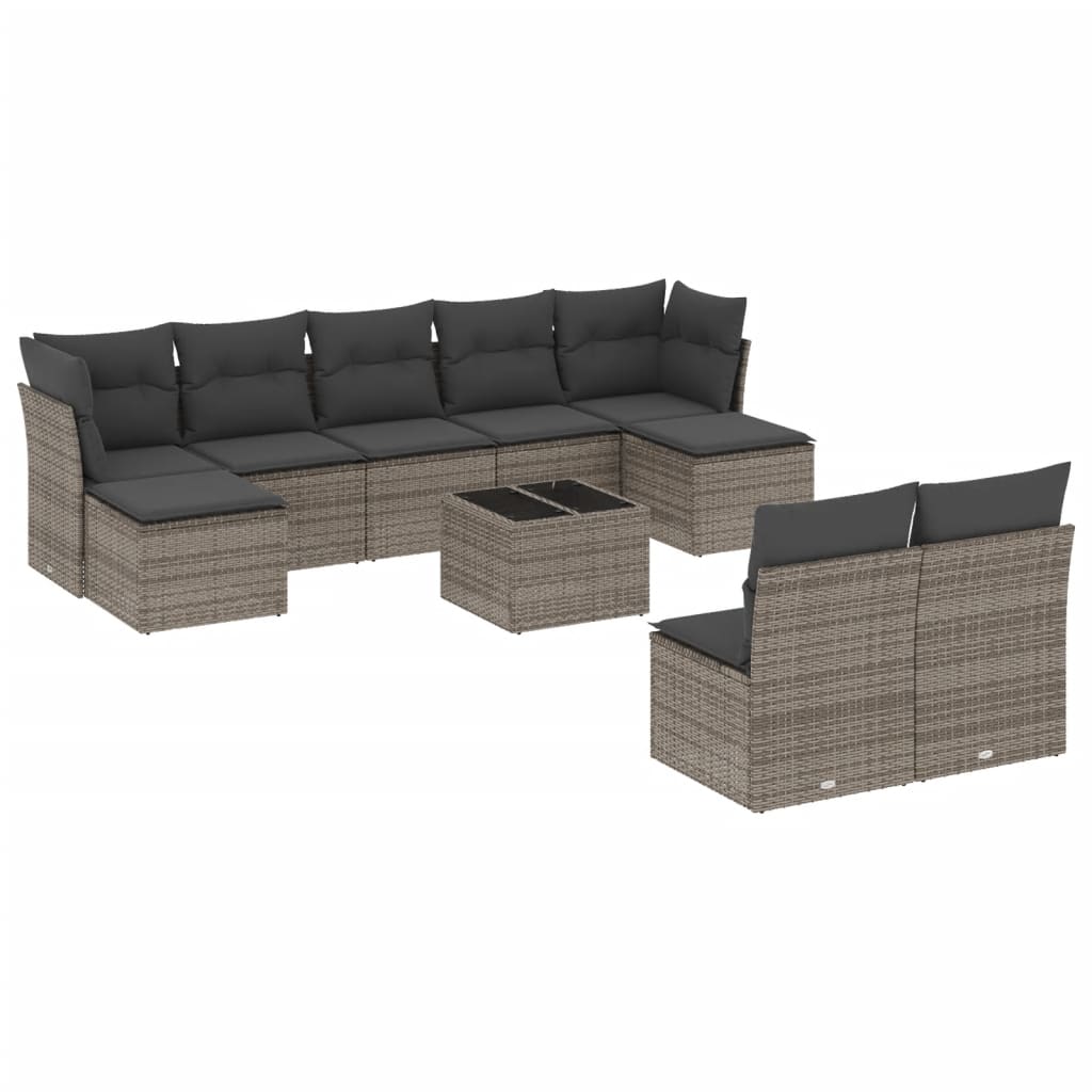 Garden furniture set with cushions, 10 pieces, grey, polyrattan