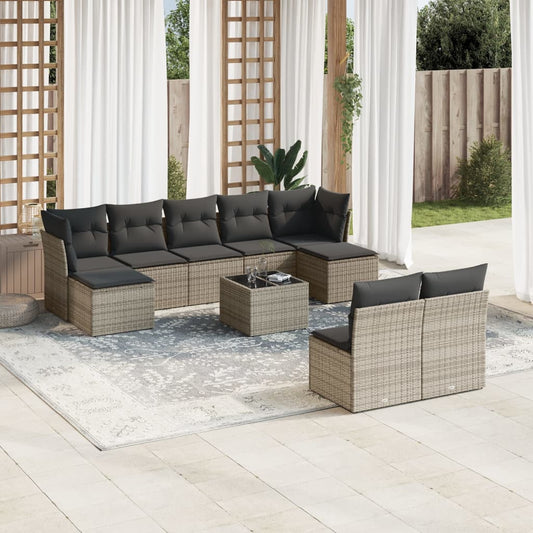 Garden furniture set with cushions, 10 pieces, grey, polyrattan