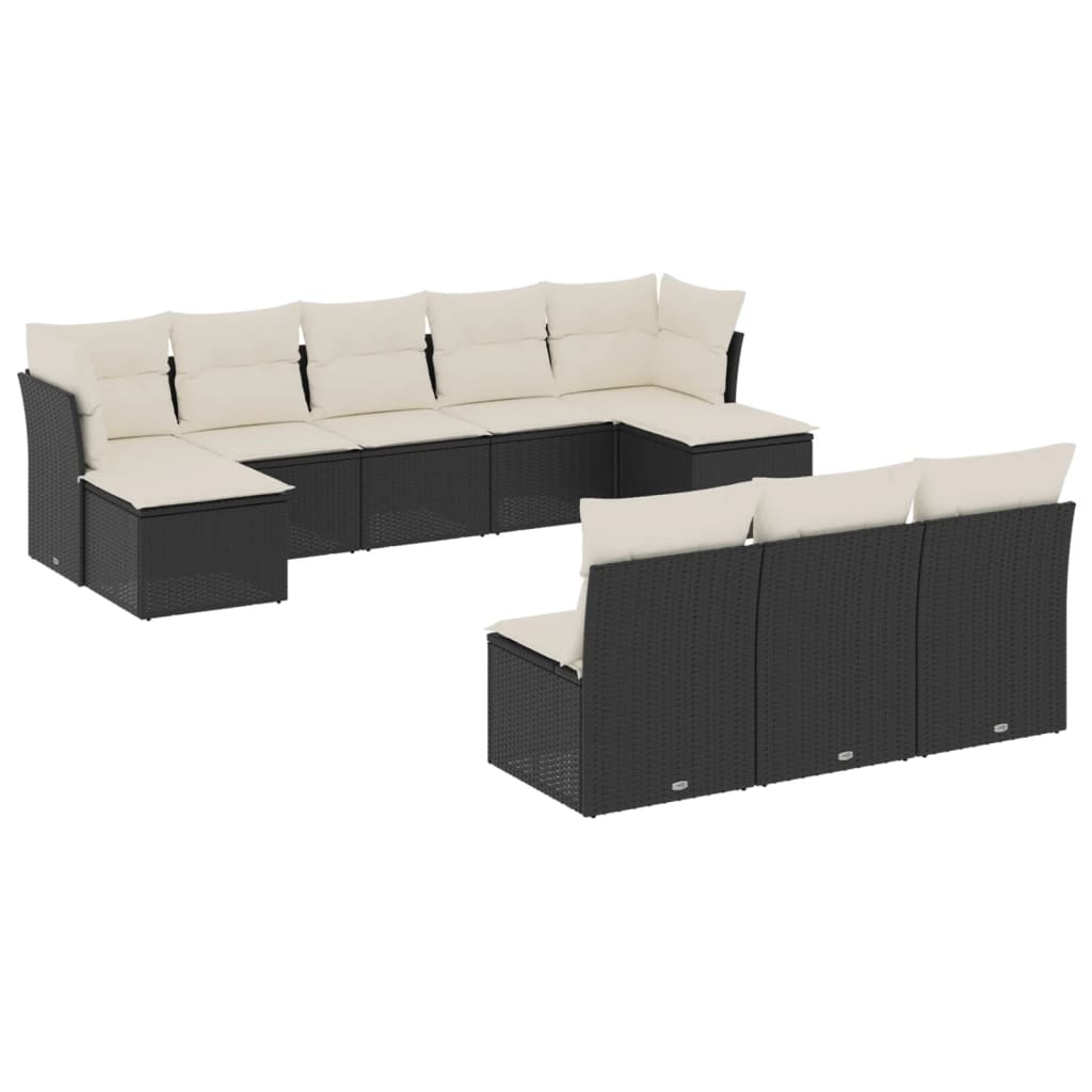 Garden sofa set with cushions, 10 pieces, black, polyrattan