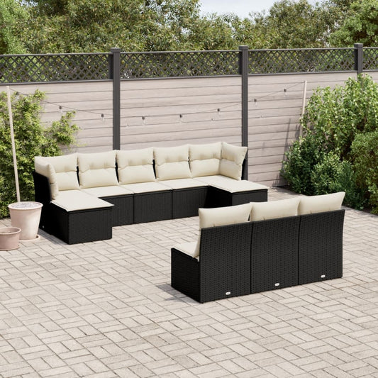 Garden sofa set with cushions, 10 pieces, black, polyrattan