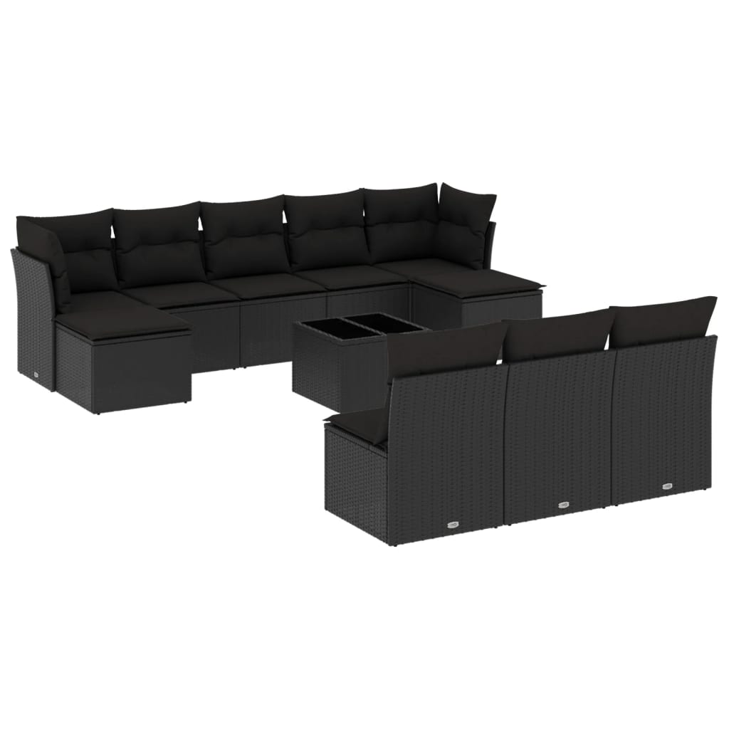 Garden sofa set with cushions, 11 pieces, black, polyrattan