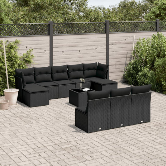 Garden sofa set with cushions, 11 pieces, black, polyrattan