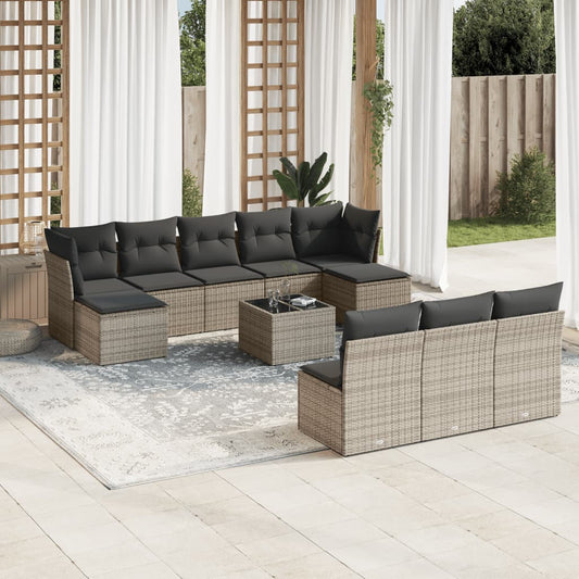 Garden sofa set with cushions, 11 pieces, grey, poly rattan