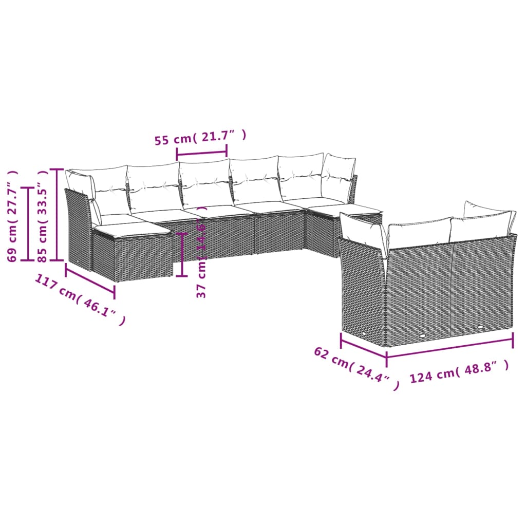 Garden sofa set, 9 pieces, with cushions, beige, polyrattan