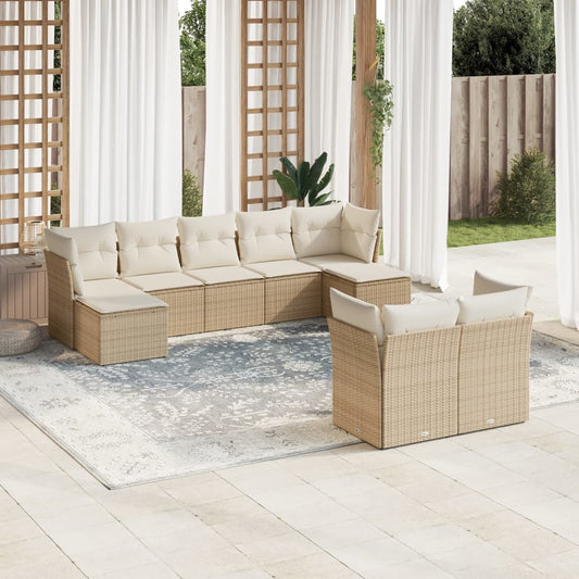 Garden sofa set, 9 pieces, with cushions, beige, polyrattan