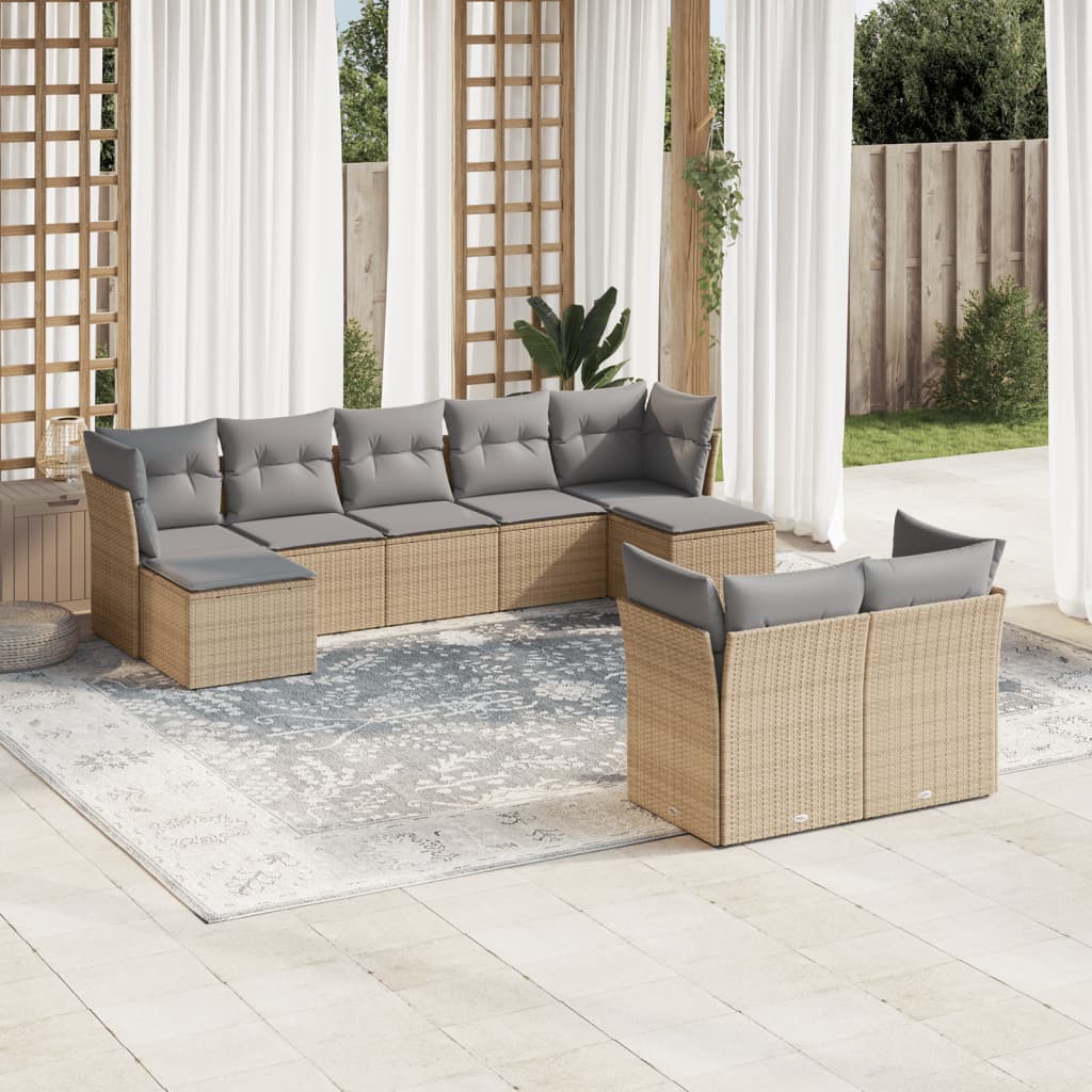 Garden sofa set, 9 pieces, with cushions, beige, polyrattan