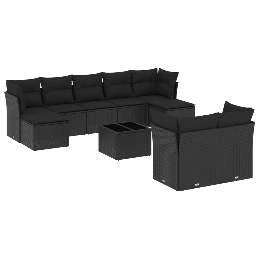 Garden sofa set with cushions, 10 pieces, black, polyrattan