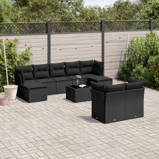 Garden sofa set with cushions, 10 pieces, black, polyrattan