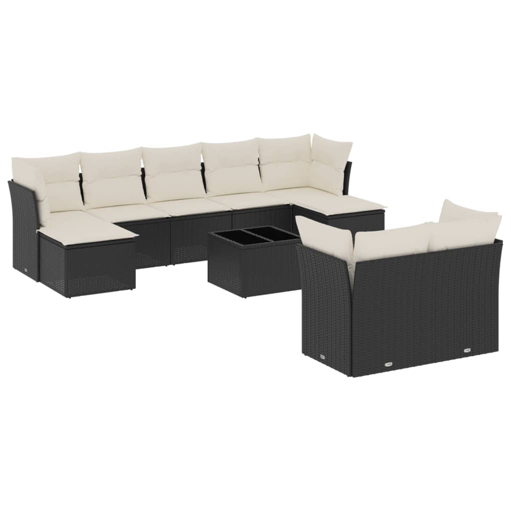 Garden sofa set with cushions, 10 pieces, black, polyrattan