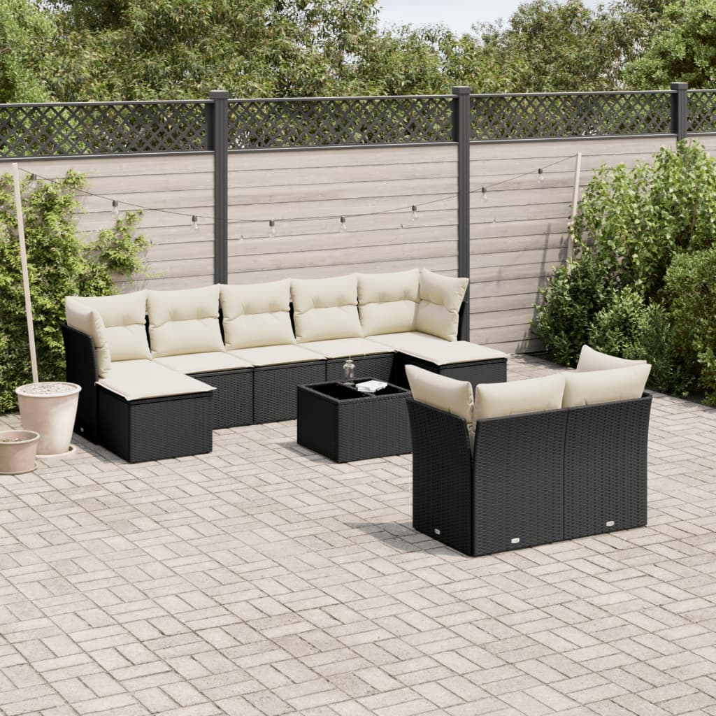 Garden sofa set with cushions, 10 pieces, black, polyrattan