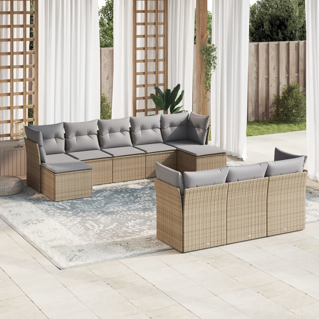 Garden sofa set with cushions, 10 pieces, beige, polyrattan